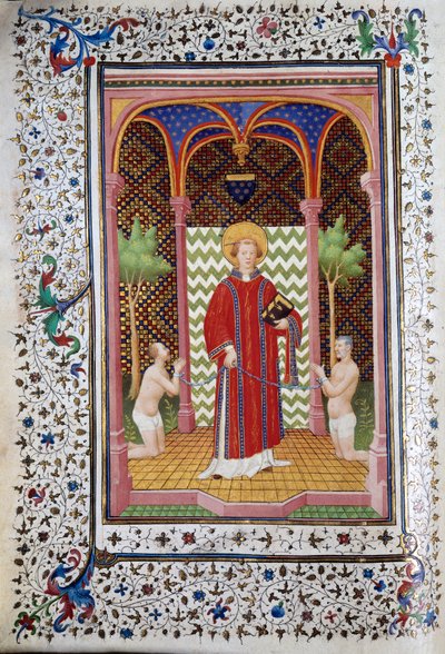 Représentation de Saint Léonard (6e siècle), ermite du Limousin, libérant deux prisonniers Page du manuscrit « Les Très Riches Heures du Duc François de Guise » enluminée par le Maître de Boucicaut. 15e siècle. Musée Condé, Chantilly - (and workshop) Boucicaut Master