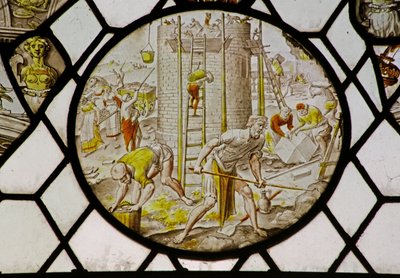 Médaillon avec la construction de la Tour de Babel (vitrail) - (attr.to) Dutch School