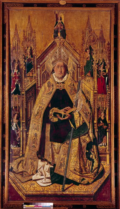 Saint Dominique de Silos (1000-1073) sur le trône. Dominique était un berger de Navarre. Il est devenu moine bénédictin à Silos, Castille. Peinture sur bois de Cardenas Bermejo (1435/40-1500) XVe siècle Dim. 242 x 130 cm Madrid, Musée du Prado - Bermejo