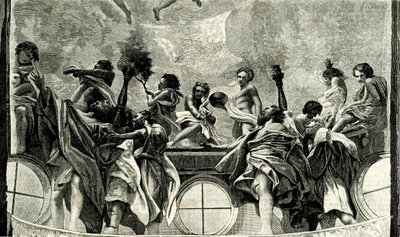 Assomption de la Vierge, détail de la fresque de Corrège, dôme de la cathédrale de Parme, Émilie-Romagne, Italie, gravure sur bois de Le cento città d