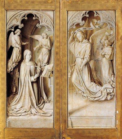 Annonciation en grisaille, ailes extérieures du triptyque retable (vers 1489-1502) par le Maître de Moulins, dans la cathédrale Notre-Dame, Moulins, France - (fl.c.1483 c.1529) Master of Moulins