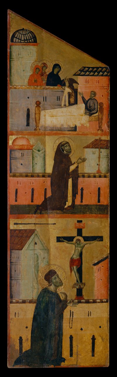 Diptyque du Bienheureux Andrea Gallerani : Les saintes femmes apparaissent à Saint Réginald, Dominique prie pour la guérison de Saint Réginald et Gallerani prie devant la croix, panneau intérieur gauche - (workshop of) Guido da Siena