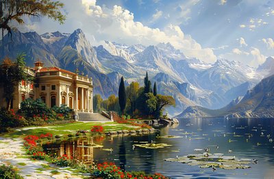 Peinture de paysage urbain : villa de style Grèce antique et lac pour décoration murale - F. Abderrahim