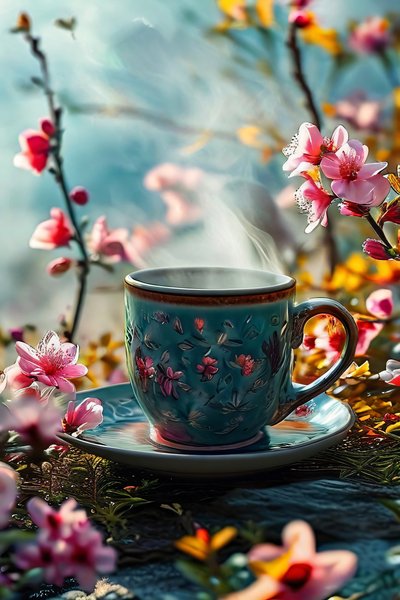 Une tasse de café surréaliste bordée de fleurs pour décoration murale moderne - F. Abderrahim