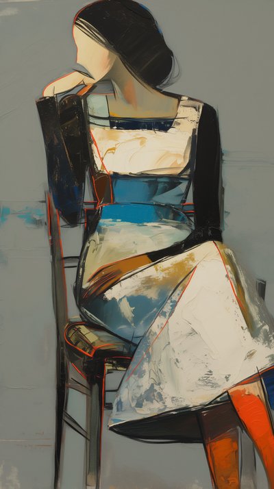 Peinture abstraite : une femme en robe assise pour impressions sur toile et affiches - F. Abderrahim