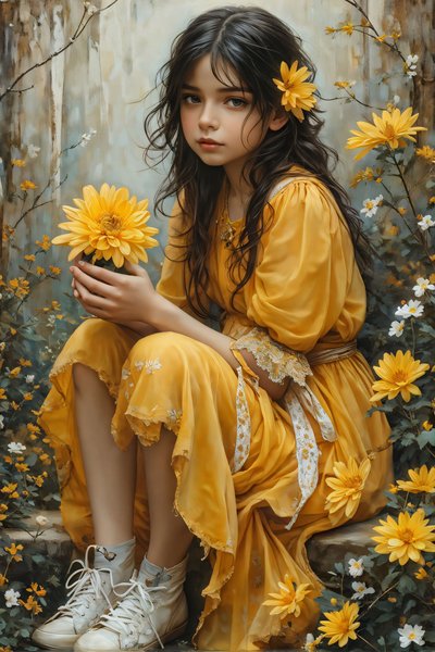 Belle fille innocente tenant des fleurs dans un paysage de nature et de beauté - F. Abderrahim