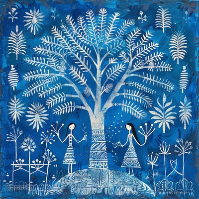 Peinture avec motif naïf : femmes sous un arbre en bleu - F. Abderrahim