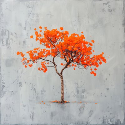 Peinture minimaliste : feuille orange et fond gris - F. Abderrahim