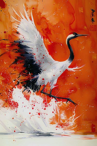 Cigogne peinte en couleurs chaudes style artistique asiatique - F. Abderrahim