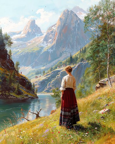 La Dame du XIXe siècle se tient dans une vallée verte parmi les montagnes - F. Abderrahim