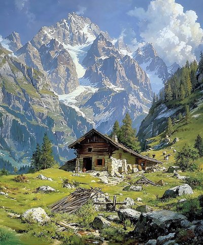 Chalet en rondins dans les Alpes suisses au printemps, décoration murale pour la cuisine - F. Abderrahim