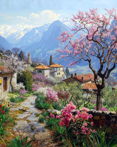 Un beau village entouré de plantes fleuries dans un paysage montagneux - F. Abderrahim