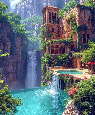 Cascades dans une ville surréaliste, illustrant la civilisation de l