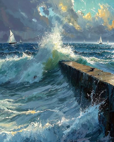 Vagues déferlantes et bateaux à l