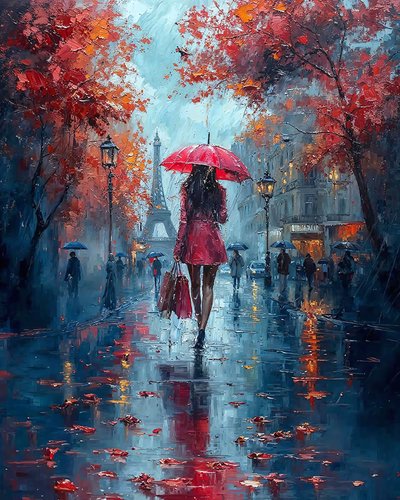 Dame élégante avec un parapluie marchant dans une rue de Paris - F. Abderrahim