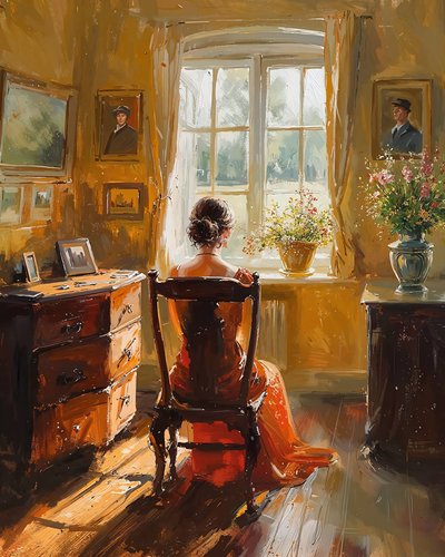Une femme assise sur une chaise regarde par la fenêtre dans un moment de contemplation - F. Abderrahim