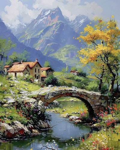 Un village au pied de la montagne; Et une arche cubique avec un ruisseau en dessous - F. Abderrahim