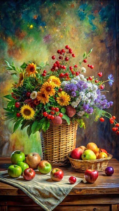 Impression sur toile, un panier de fruits et légumes avec un bouquet et des roses, - F. Abderrahim