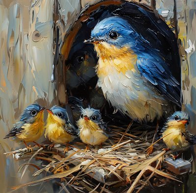 Un oiseau coloré et son petit dans un nid dans un arbre, décoration murale pour la chambre à coucher - F. Abderrahim