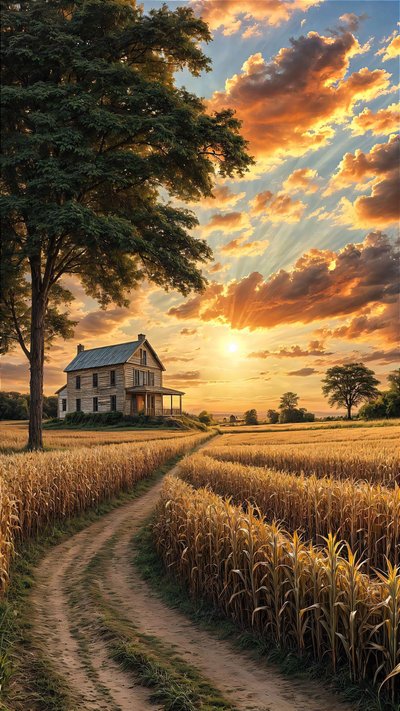 Maison de campagne sur un chemin de terre, entourée d