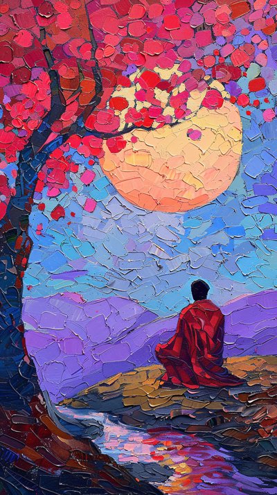 Un homme méditant sous un arbre, décoration murale sur toile, décoration murale encadrée - F. Abderrahim