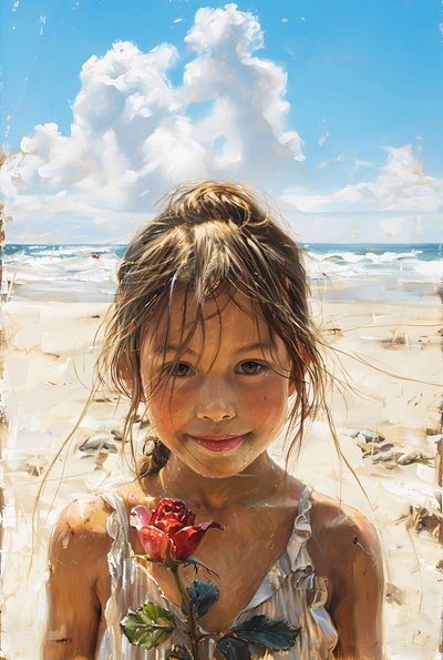 Belle fille tenant des roses au bord de la mer, impression sur toile et décoration murale - F. Abderrahim