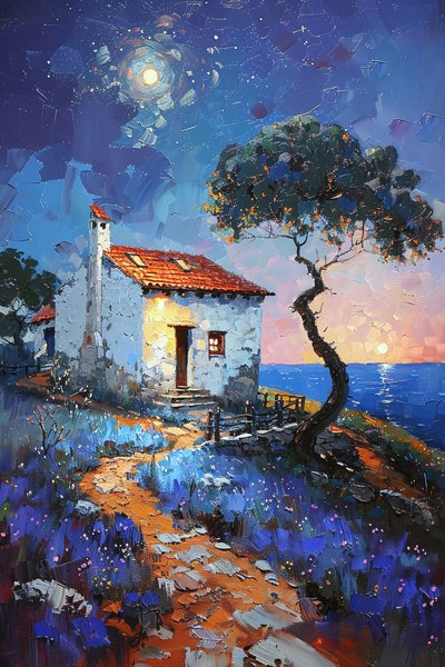 Chalet surplombant la mer au clair de lune, paysages du Portugal - F. Abderrahim
