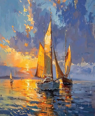 Yachts dans une mer calme au coucher du soleil, Décoration murale de bateaux à voile - F. Abderrahim