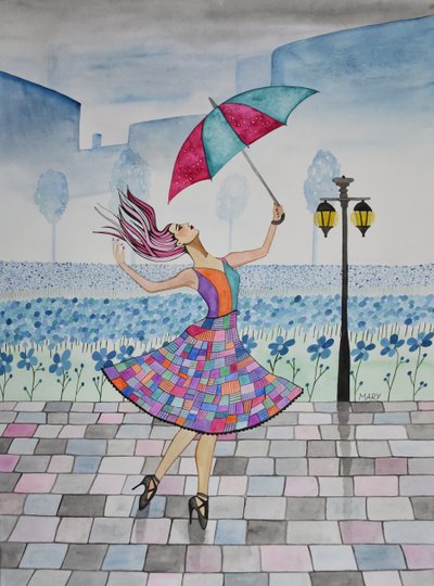 Elle danse sous la pluie - Marys Watercolors