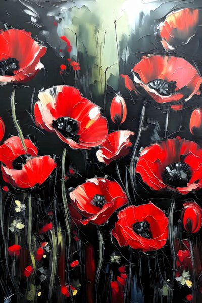 peinture au couteau, coquelicots rouges vifs appliqués en couches épaisses, art mural en ligne - F. Abderrahim