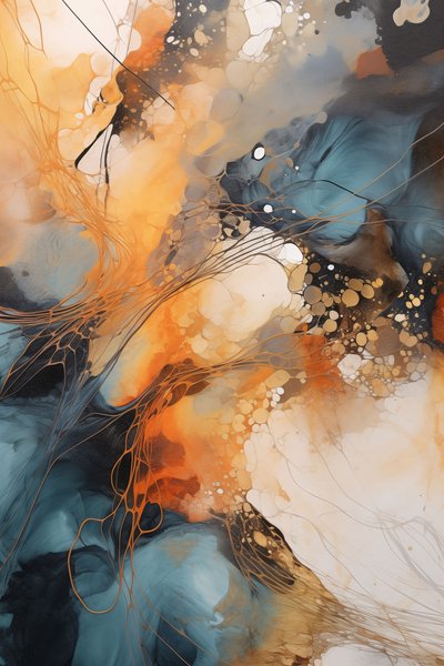 Peinture abstraite, vague bleue et orange, fond blanc, Impressions sur toile personnalisées - F. Abderrahim
