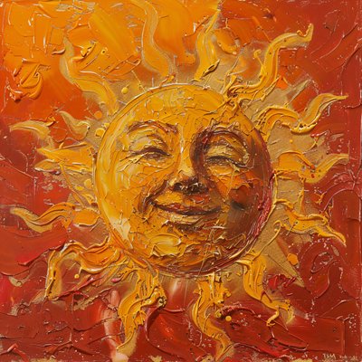 Un soleil joufflu peint sur un fond rouge et voilé, reproductions sur toile - F. Abderrahim