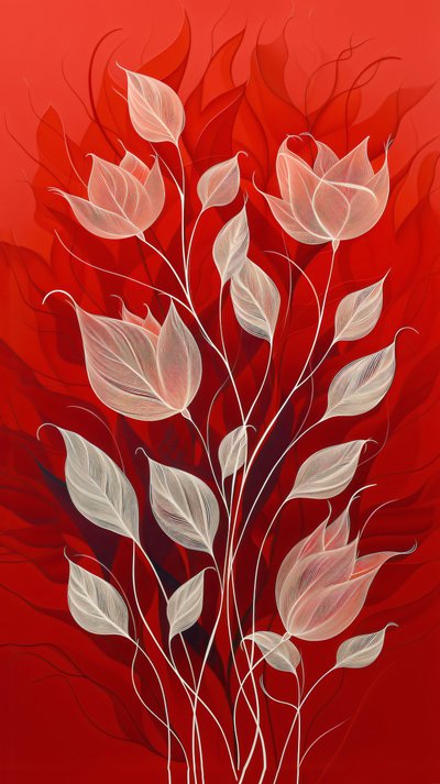 Plantes et fleurs dessinées en blanc sur fond rouge, décoration murale et impressions sur toile - F. Abderrahim