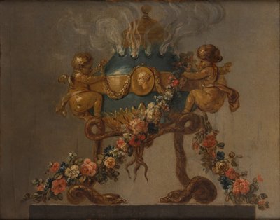 Brûle-parfum soutenu par des amours et des serpents et garni de fleurs, 18e siècle - 18th century . French Painter