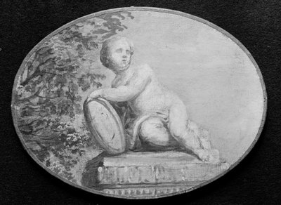 Putto sur un piédestal contre un fond de verdure, 18e siècle - 18th century . French Painter