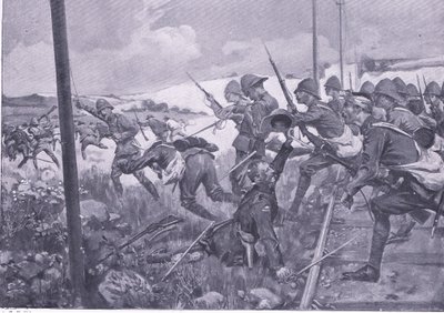 Charge des fusiliers écossais à Frederikstad, illustration de Après Pretoria : La guerre de guérilla, 1902 - A. C. Ball