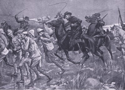 Le traitement des prisonniers de guerre britanniques par De Wet en marche, illustration de Après Pretoria : La Guerre de guérilla - A. C. Ball