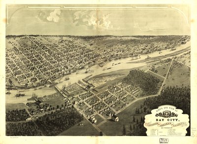 Vue aérienne de Bay City, Portsmouth, Wenona et Salzburg, Bay Co., Michigan 1867. LOC 73693424 - A.; Chicago Lithographing Co. Ruger