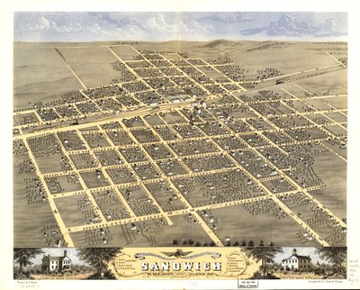 Vue aérienne de la ville de Sandwich, comté de De Kalb, Illinois 1869. LOC 73693372 - A.; Chicago Lithographing Co. Ruger