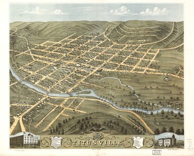 Vue aérienne de la ville de Titusville, comté de Crawford, Pennsylvanie 1871. LOC 73694524 - A.; Chicago Lithographing Co. Ruger