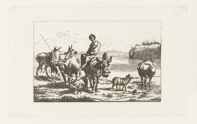 Paysage avec bergère sur une mule et berger avec des vaches - A. Dickhof (signed by artist)
