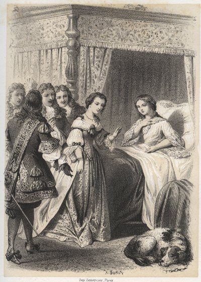 Madame Deshoulières, Antoinette Ligier de La Garde (1637-1694) submergée de questions par son entourage après une nuit passée dans la peur du fantôme. Gravure de A. Duruy dans « Illustrations littéraires de la France ; ou, Galerie anecdotique de nos pr - A. Duruy