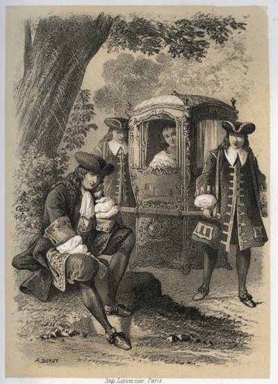 Marie Anne Mancini (1649-1714) Duchesse de Bouillon allant un matin à Versailles vit Jean de La Fontaine se levant sous un arbre ; le soir elle le retrouva au même endroit. Gravure par A. Duruy dans « Illustrations littéraires de la France ». - A. Duruy