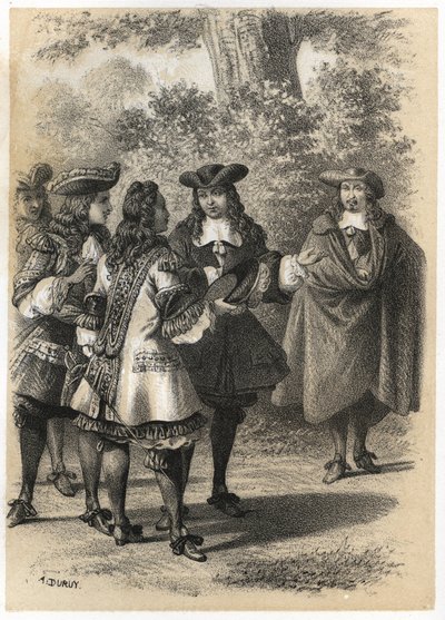 Rencontre à Paris entre Jean Racine (1639-1699) et Pierre Corneille (1606-1684). Gravure de A. Duruy dans « Illustrations littéraires de la France ; ou, Galerie anecdotique de nos principaux auteurs ints par leurs actions et leurs inscriptions » par J.B. - A. Duruy