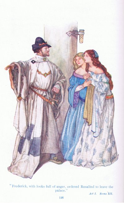 Frédéric, avec des regards de colère, ordonna à Rosalind de quitter le palais (Comme il vous plaira), de Contes de Shakespeare pub. par Ward Lock & Co Ltd - A. Jackson