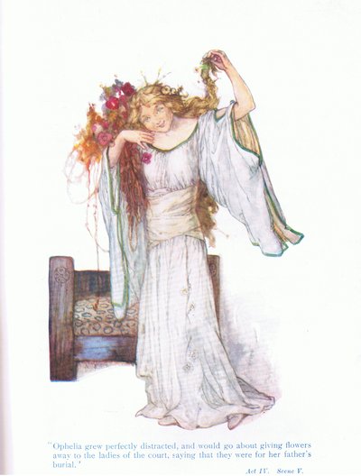 Ophélie est devenue parfaitement folle, et allait distribuer des cadeaux aux dames de la cour (Hamlet), de Contes de Shakespeare pub. par Ward Lock & Co Ltd - A. Jackson