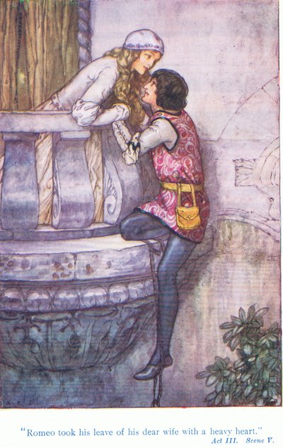 Roméo prit congé de sa chère épouse avec un cœur lourd (Roméo et Juliette), de Contes de Shakespeare pub. par Ward Lock & Co Ltd - A. Jackson