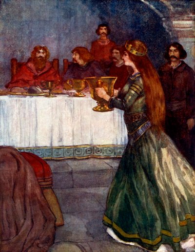 Rowena entra dans la pièce portant une belle coupe dorée, vers 430 après J.-C., 1905 - A. S. Forrest
