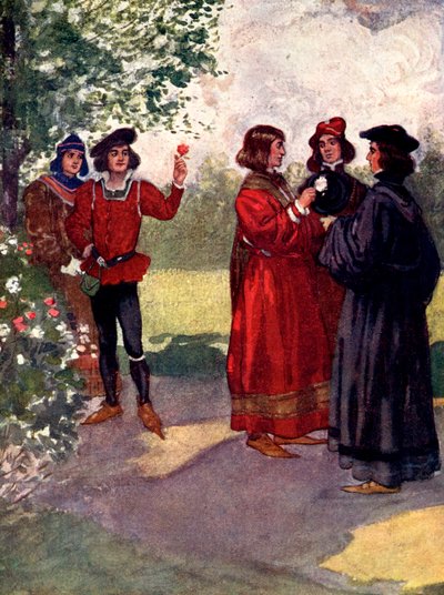 Les nobles cueillaient des roses rouges ou blanches et les mettaient dans leurs casquettes, 15ème siècle, 1905 - A. S. Forrest