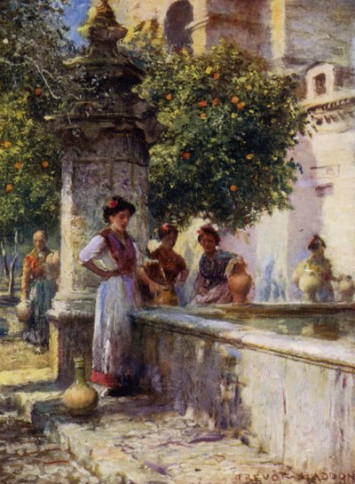 Cordoue, Fontaine dans le Patio de los Naranjos (lithographie en couleur) - A. Trevor Haddon
